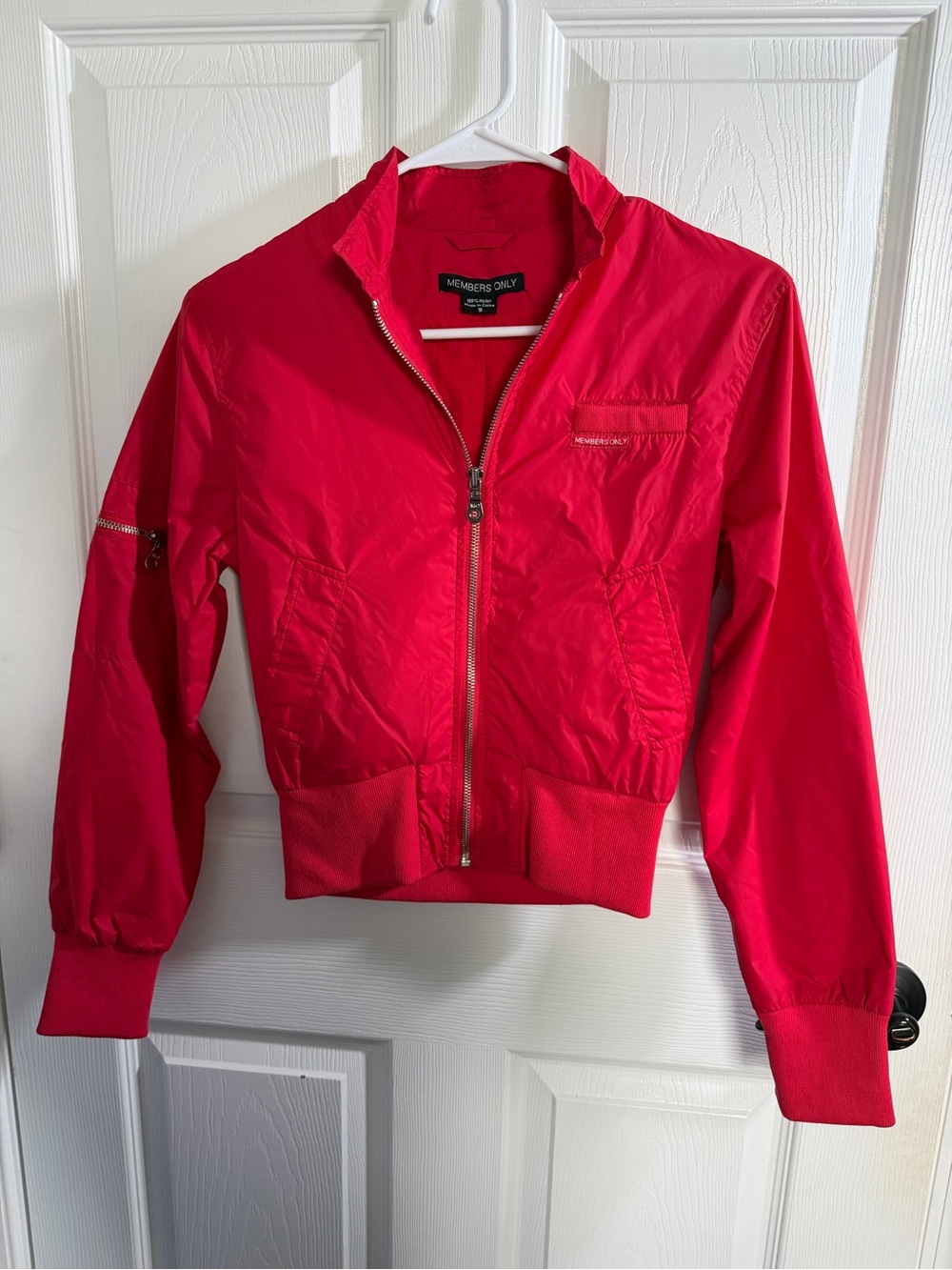 Members Only Women's Cropped Racer Jacket in vibrant red small